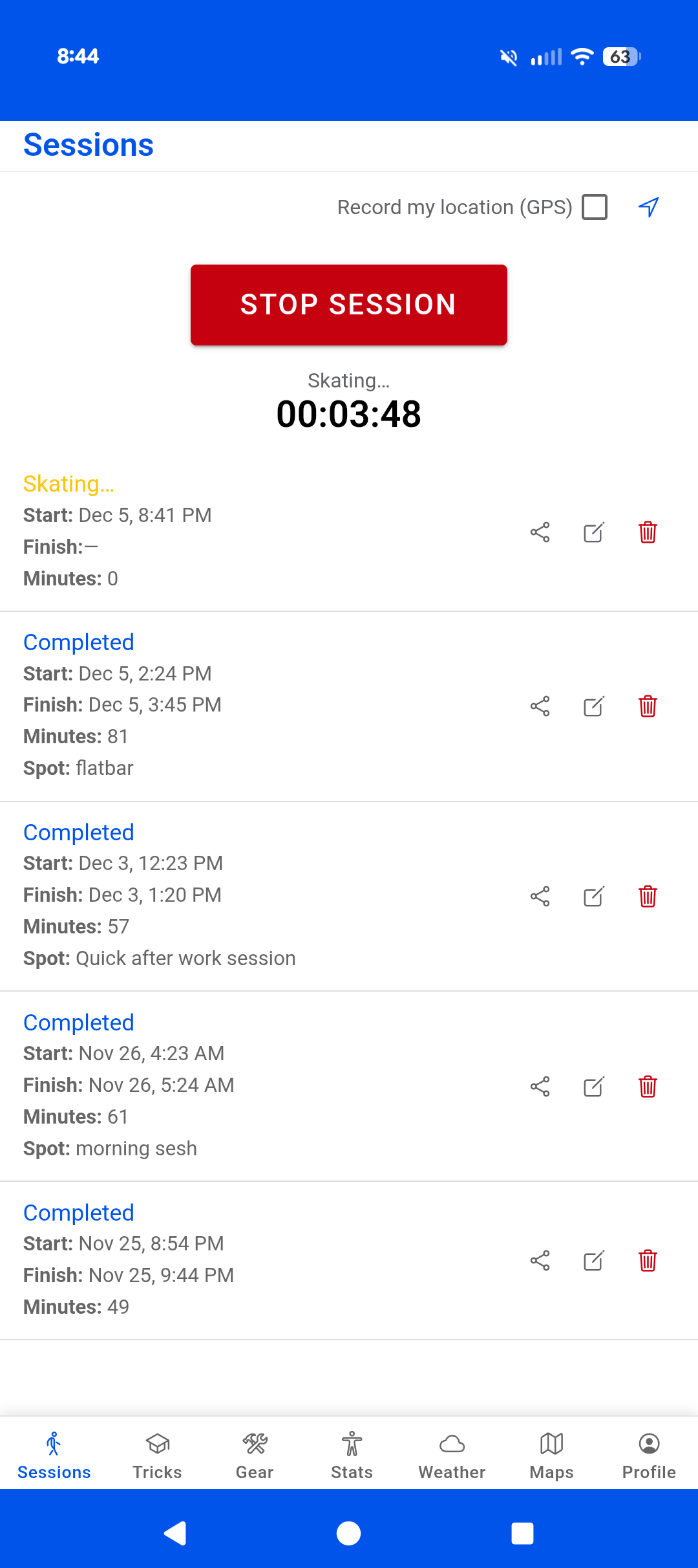 ReVrt session tracker screen showing a logged skate session