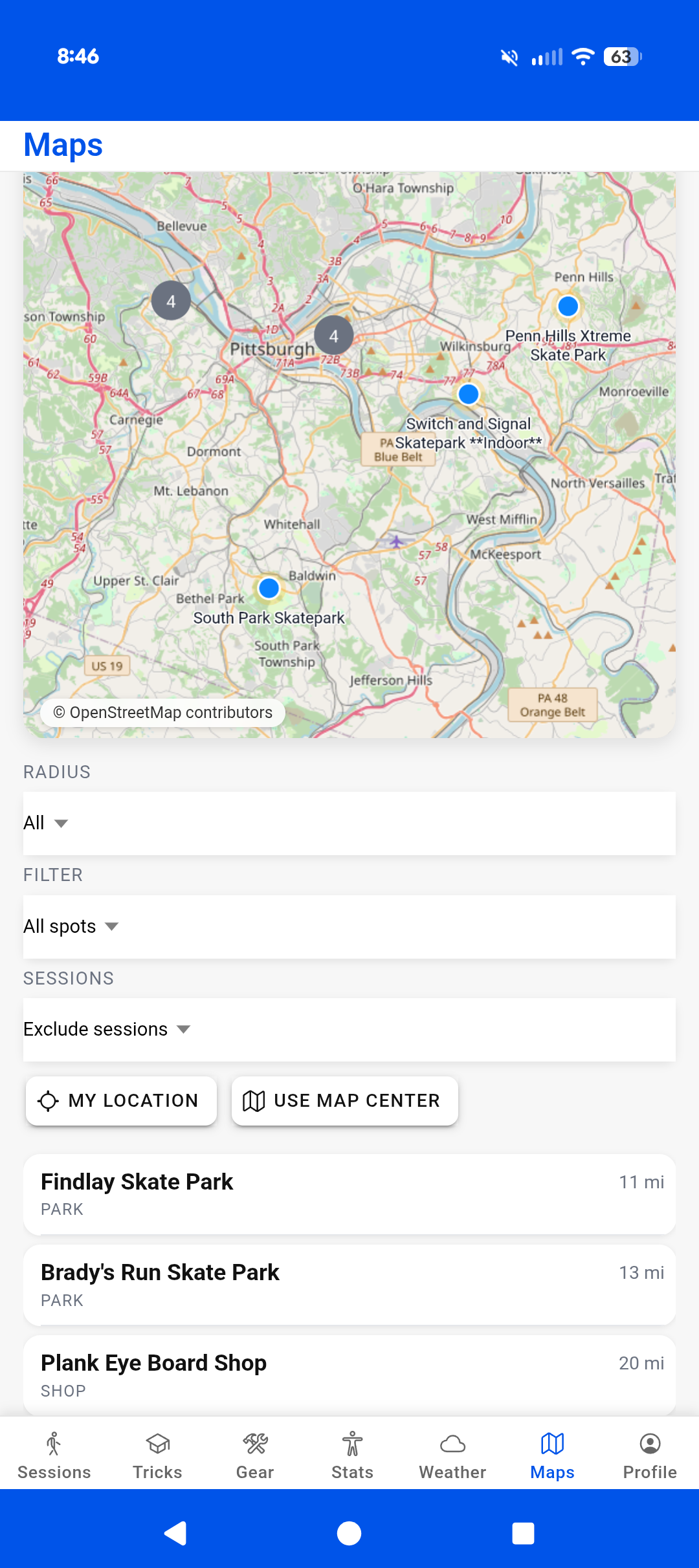 ReVrt spot map screen showing nearby skate spots and parks