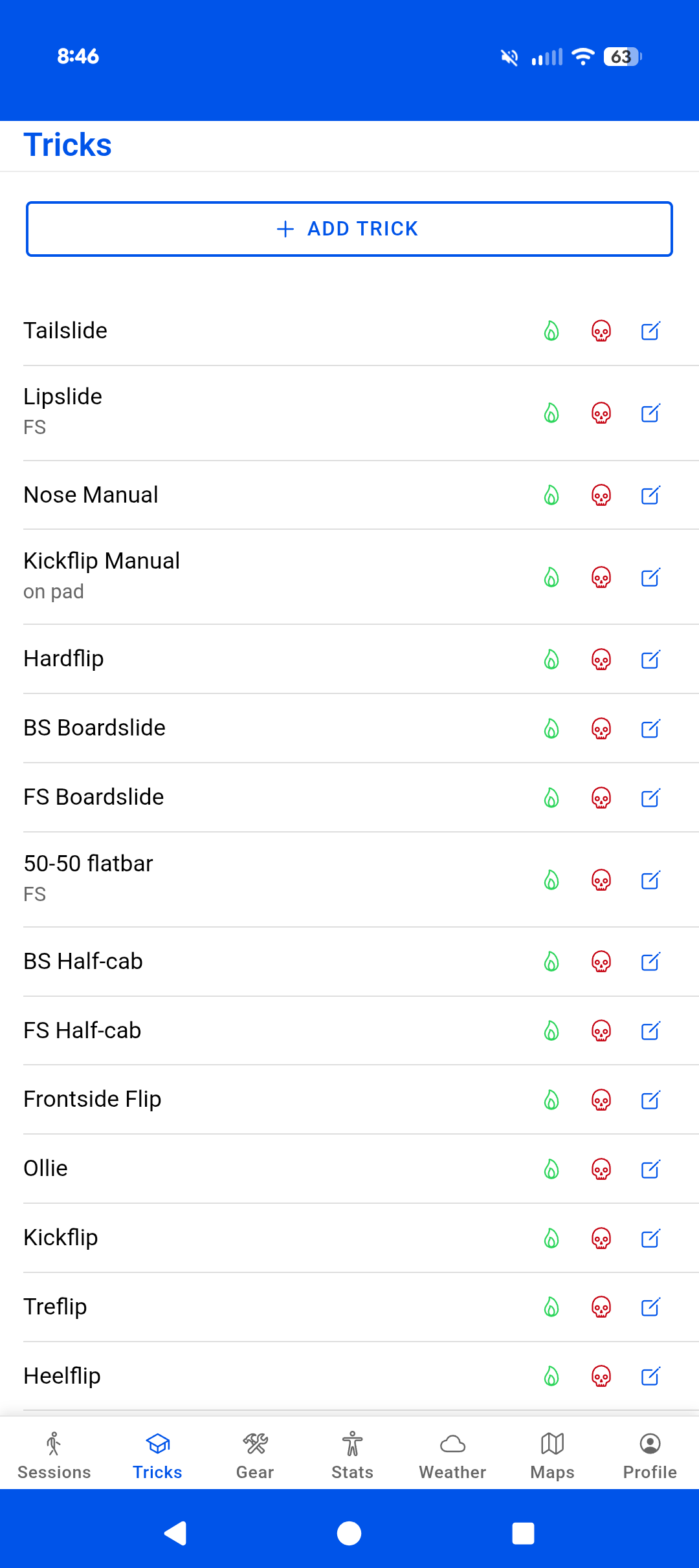 ReVrt trick list screen showing landed tricks